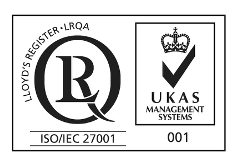 ISO/IEC 27001 LRQA / UKAS certification mark