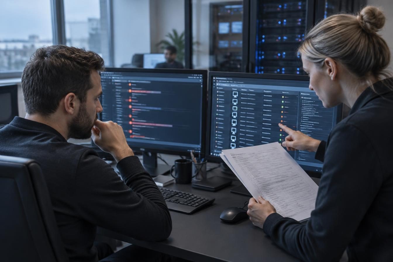 Illustration of security analysts reviewing operational evidence and an asset inventory